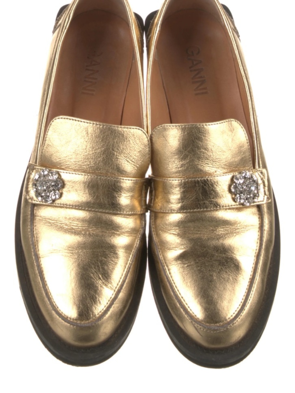 Ganni Metallic Gold Leather Loafers with Crystal Button | Size 40